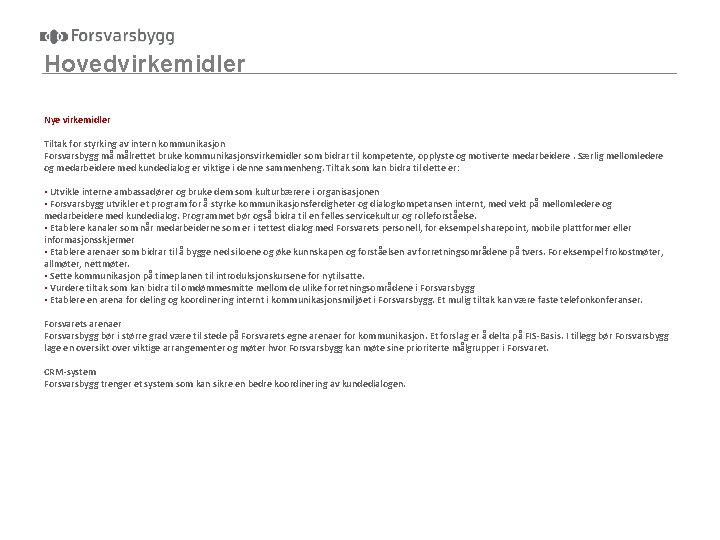 Hovedvirkemidler Nye virkemidler Tiltak for styrking av intern kommunikasjon Forsvarsbygg må målrettet bruke kommunikasjonsvirkemidler
