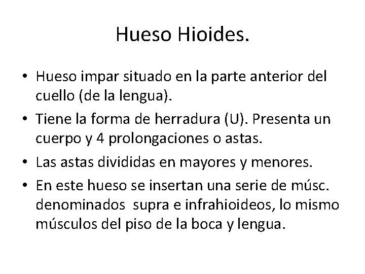 Hueso Hioides. • Hueso impar situado en la parte anterior del cuello (de la