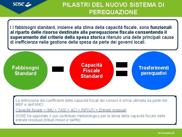 PILASTRI DEL NUOVO SISTEMA DI PEREQUAZIONE I I fabbisogni standard, insieme alla stima della