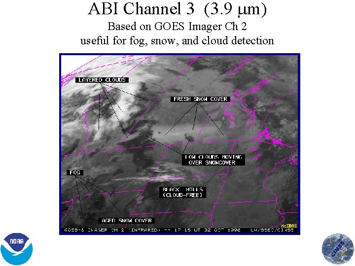 ABI Channel 3 (3. 9 m) Based on GOES Imager Ch 2 useful for