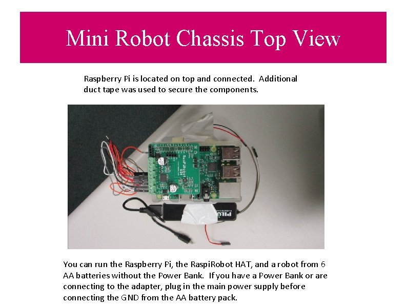 Mini Robot Chassis Top View Raspberry Pi is located on top and connected. Additional