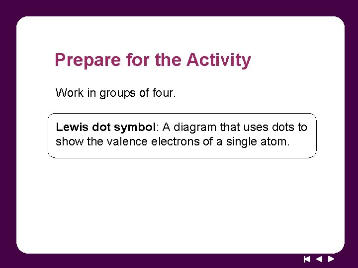 Prepare for the Activity Work in groups of four. Lewis dot symbol: A diagram