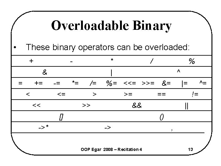 Overloadable Binary • These binary operators can be overloaded: + - & = +=