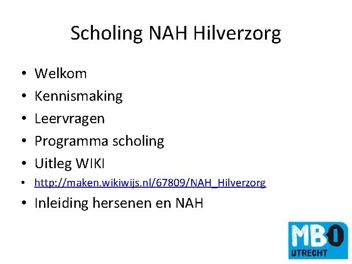 Scholing NAH Hilverzorg • • • Welkom Kennismaking Leervragen Programma scholing Uitleg WIKI •