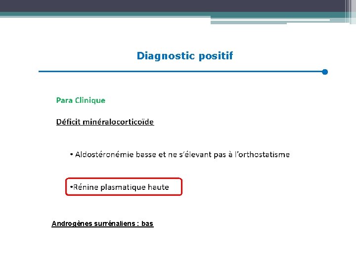 Diagnostic positif Androgènes surrénaliens : bas 