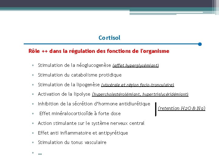 Cortisol Rôle ++ dans la régulation des fonctions de l'organisme ▫ Stimulation de la