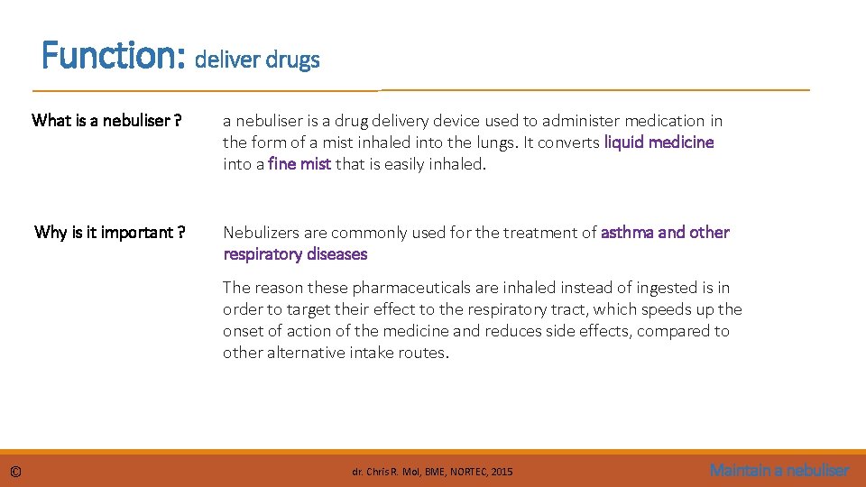 Function: deliver drugs What is a nebuliser ? a nebuliser is a drug delivery