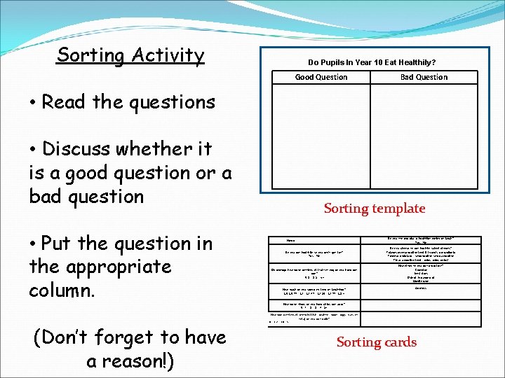 Sorting Activity Do Pupils In Year 10 Eat Healthily? Good Question Bad Question •