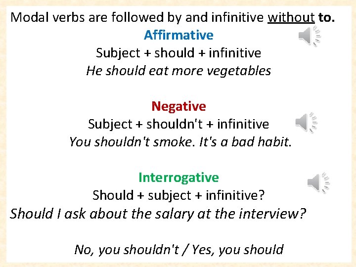 Modal verbs are followed by and infinitive without to. Affirmative Subject + should +