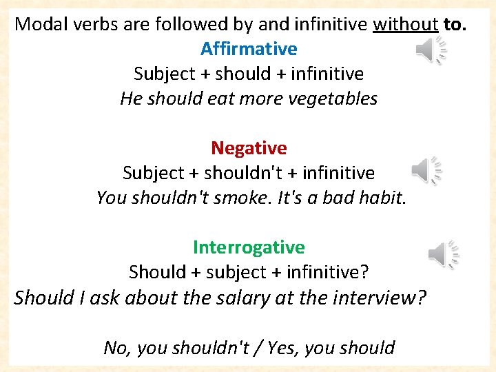 Modal verbs are followed by and infinitive without to. Affirmative Subject + should +