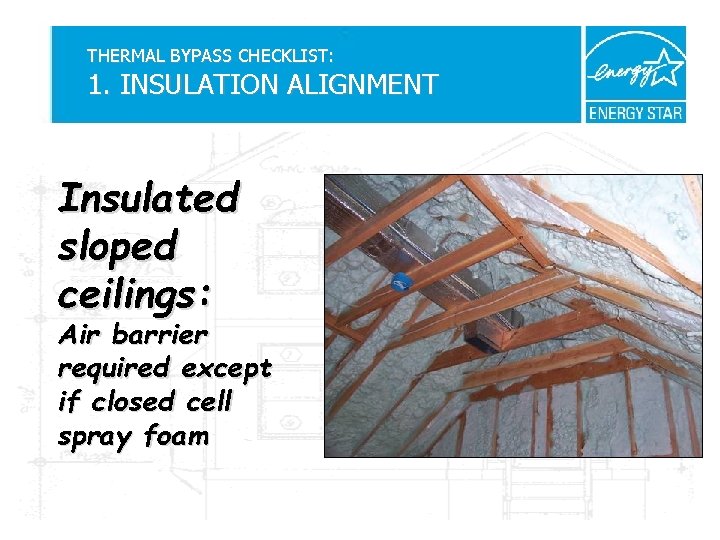 THERMAL BYPASS CHECKLIST: 1. INSULATION ALIGNMENT Insulated sloped ceilings: Air barrier required except if