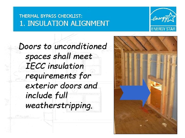 THERMAL BYPASS CHECKLIST: 1. INSULATION ALIGNMENT Doors to unconditioned spaces shall meet IECC insulation