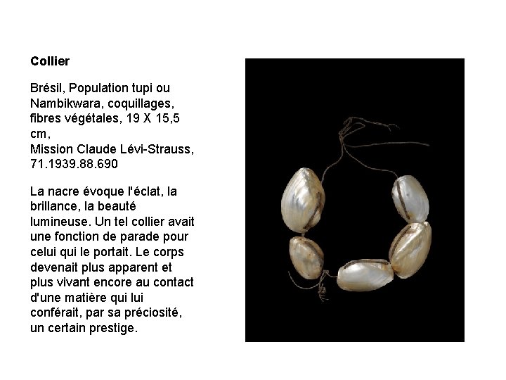 Collier Brésil, Population tupi ou Nambikwara, coquillages, fibres végétales, 19 X 15, 5 cm,