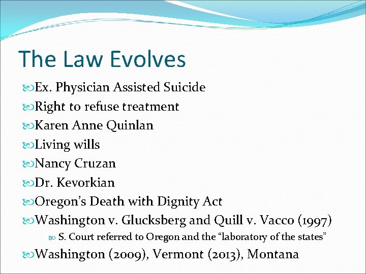 The Law Evolves Ex. Physician Assisted Suicide Right to refuse treatment Karen Anne Quinlan