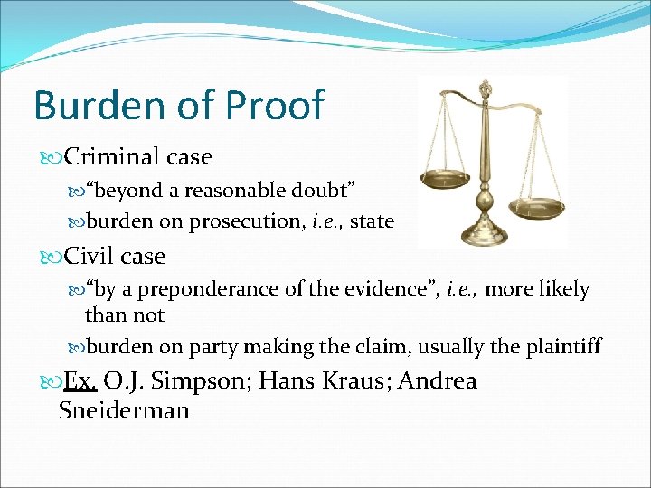 Burden of Proof Criminal case “beyond a reasonable doubt” burden on prosecution, i. e.