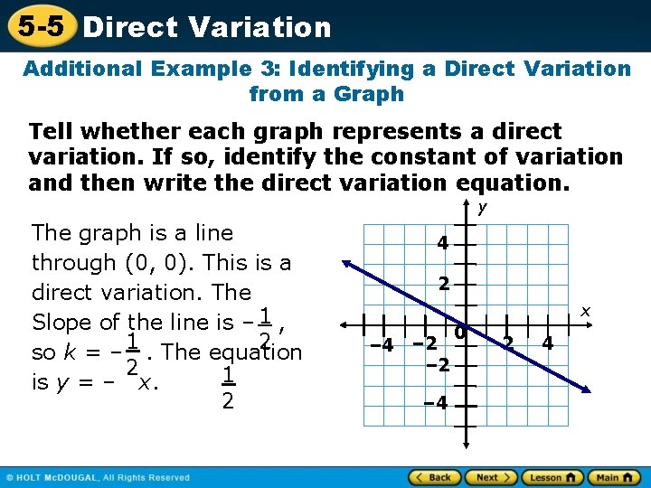 5 -5 Direct Variation Additional Example 3: Identifying a Direct Variation from a Graph
