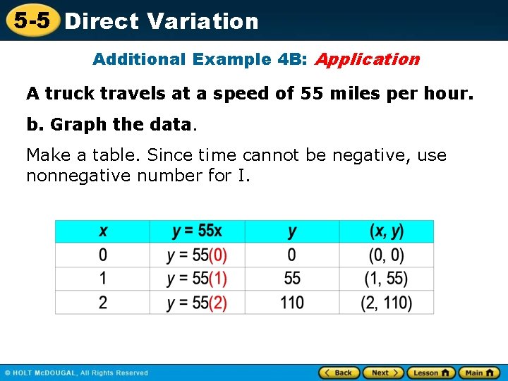 5 -5 Direct Variation Additional Example 4 B: Application A truck travels at a