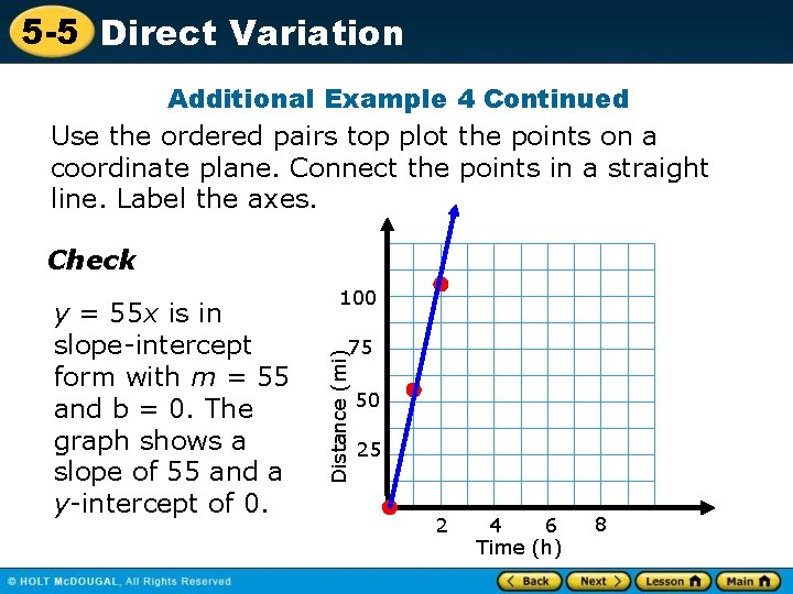 5 -5 Direct Variation Additional Example 4 Continued Use the ordered pairs top plot