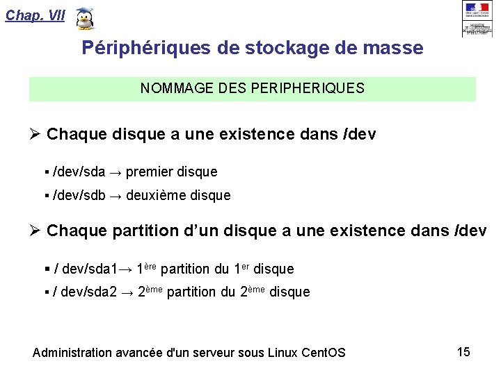 Chap. VII Périphériques de stockage de masse NOMMAGE DES PERIPHERIQUES Chaque disque a une