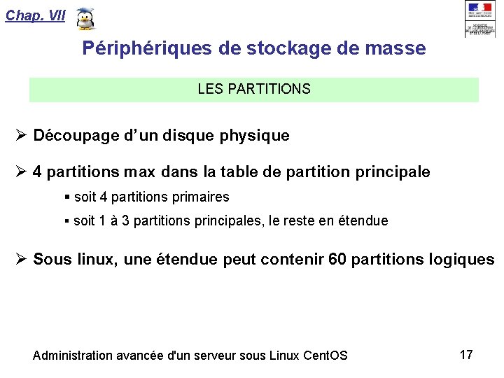 Chap. VII Périphériques de stockage de masse LES PARTITIONS Découpage d’un disque physique 4