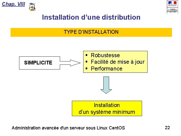 Chap. VIII Installation d’une distribution TYPE D’INSTALLATION SIMPLICITE Robustesse Facilité de mise à jour