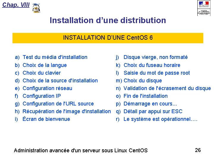 Chap. VIII Installation d’une distribution INSTALLATION D’UNE Cent. OS 6 a) b) c) d)