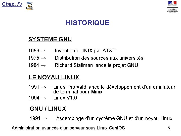 Chap. IV HISTORIQUE SYSTEME GNU 1969 → 1975 → 1984 → Invention d’UNIX par