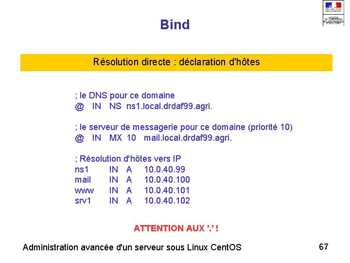 Bind Résolution directe : déclaration d'hôtes ; le DNS pour ce domaine @ IN