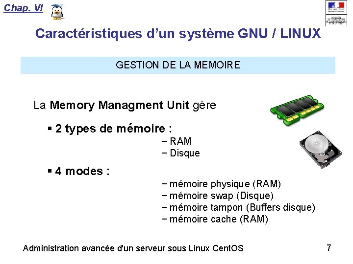 Chap. VI Caractéristiques d’un système GNU / LINUX GESTION DE LA MEMOIRE La Memory