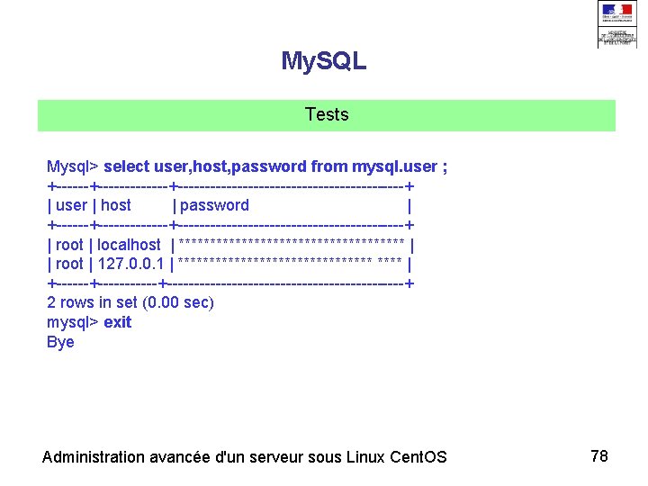 My. SQL Tests Mysql> select user, host, password from mysql. user ; +-------------+---------------------+ |