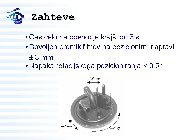 Zahteve • Čas celotne operacije krajši od 3 s, • Dovoljen premik filtrov na