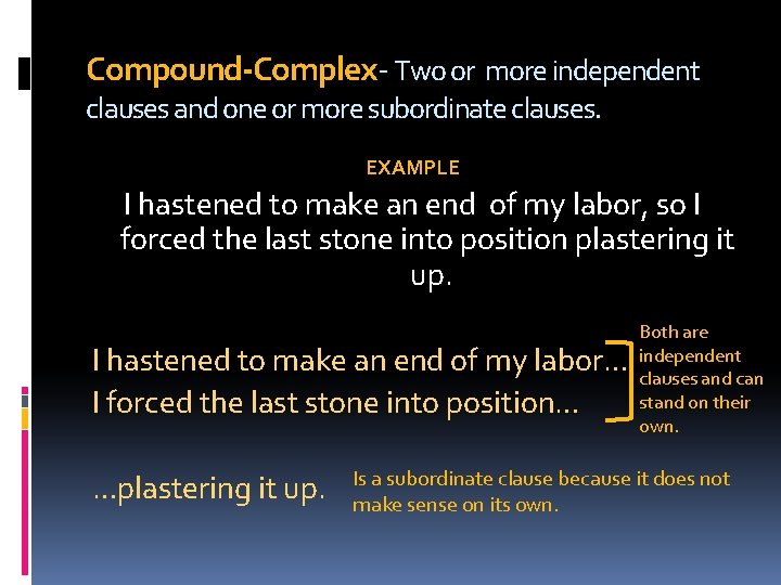 Compound-Complex- Two or more independent clauses and one or more subordinate clauses. EXAMPLE I