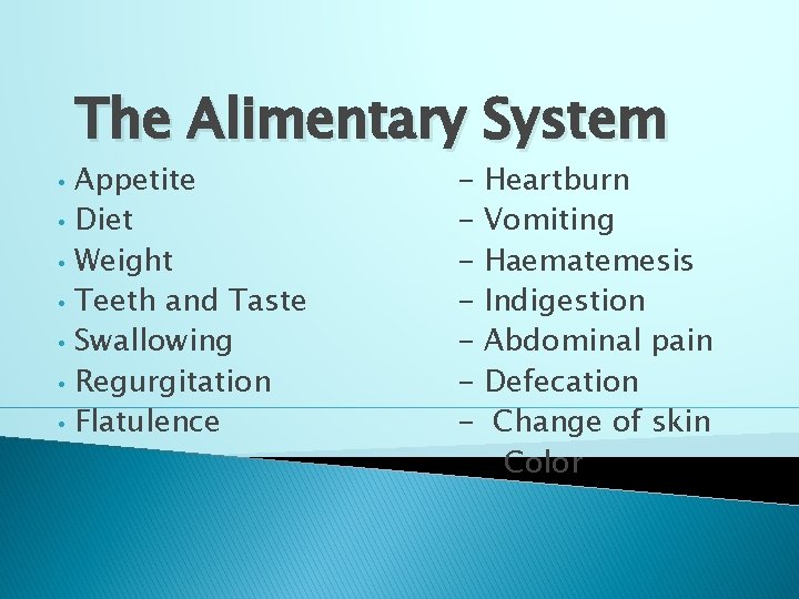 The Alimentary System • • Appetite Diet Weight Teeth and Taste Swallowing Regurgitation Flatulence
