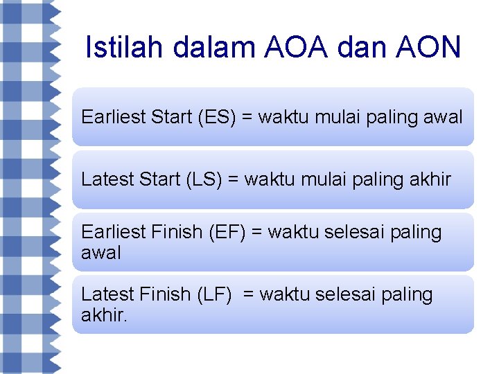 Istilah dalam AOA dan AON Earliest Start (ES) = waktu mulai paling awal Latest