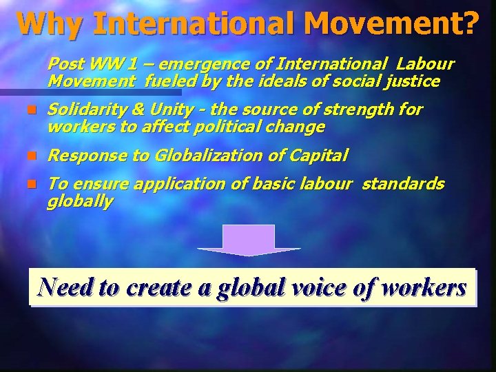 Why International Movement? Post WW 1 – emergence of International Labour Movement fueled by