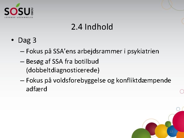 2. 4 Indhold • Dag 3 – Fokus på SSA’ens arbejdsrammer i psykiatrien –