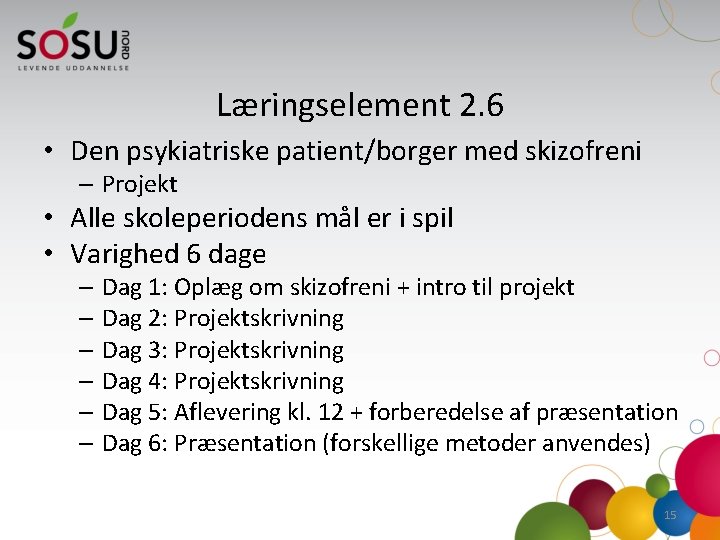 Læringselement 2. 6 • Den psykiatriske patient/borger med skizofreni – Projekt • Alle skoleperiodens