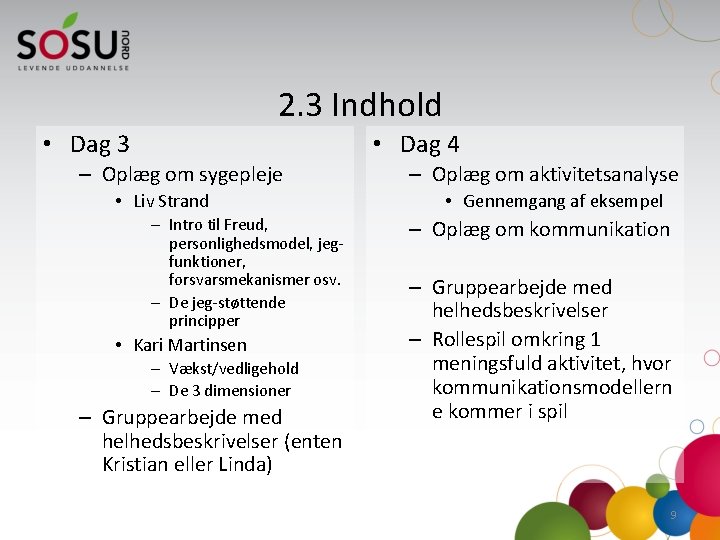 2. 3 Indhold • Dag 3 • Dag 4 – Oplæg om sygepleje •