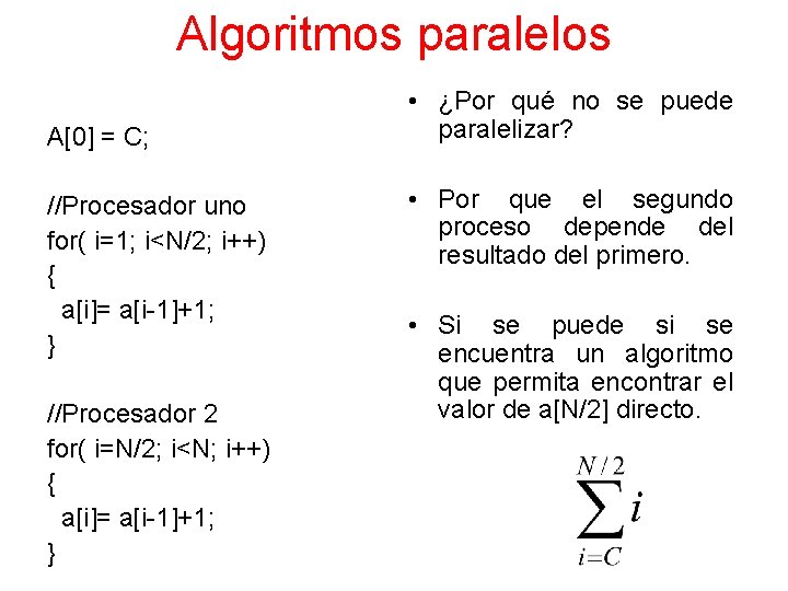 Algoritmos paralelos A[0] = C; //Procesador uno for( i=1; i<N/2; i++) { a[i]= a[i-1]+1;