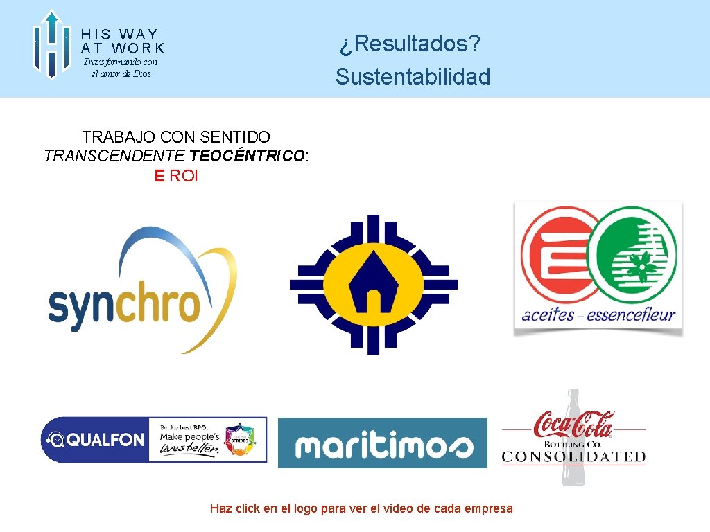 HIS WAY AT WORK ¿Resultados? Sustentabilidad Transformando con el amor de Dios TRABAJO CON