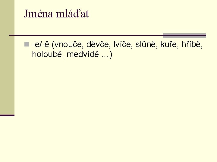 Jména mláďat n -e/-ě (vnouče, děvče, lvíče, slůně, kuře, hříbě, holoubě, medvídě …) 