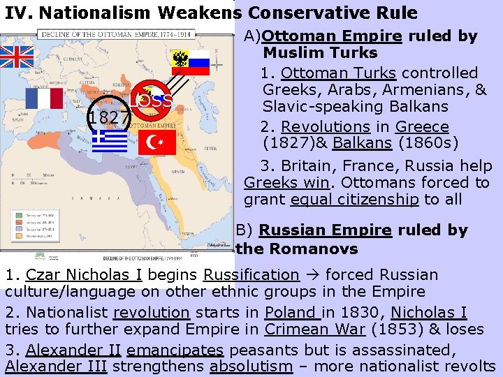 IV. Nationalism Weakens Conservative Rule LOSS 1827 A)Ottoman Empire ruled by Muslim Turks 1.
