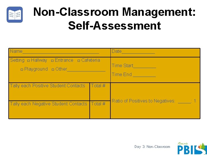 Non-Classroom Management: Self-Assessment Name_______________ Date_______ Setting □ Hallway □ Entrance □ Cafeteria □ Playground