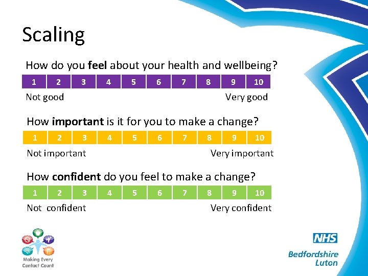Scaling How do you feel about your health and wellbeing? 1 2 3 4