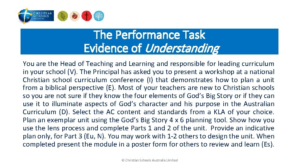 The Performance Task Evidence of Understanding You are the Head of Teaching and Learning