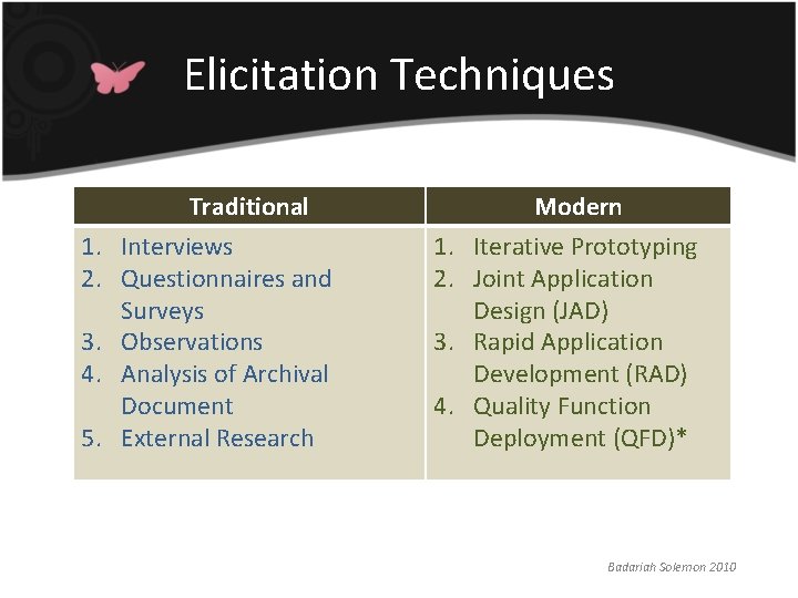 Elicitation Techniques 1. 2. 3. 4. 5. Traditional Interviews Questionnaires and Surveys Observations Analysis Elicitation Techniques 1. 2. 3. 4. 5. Traditional Interviews Questionnaires and Surveys Observations Analysis