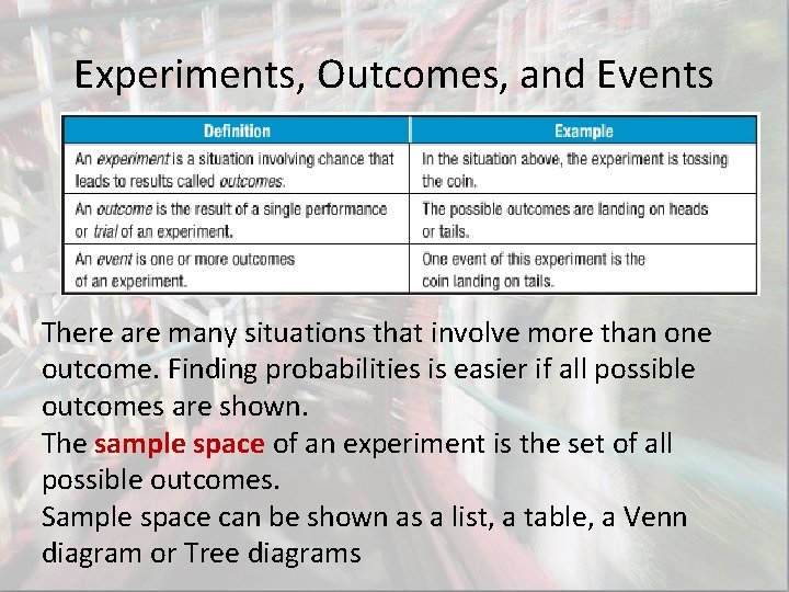 Experiments, Outcomes, and Events There are many situations that involve more than one outcome. Experiments, Outcomes, and Events There are many situations that involve more than one outcome.