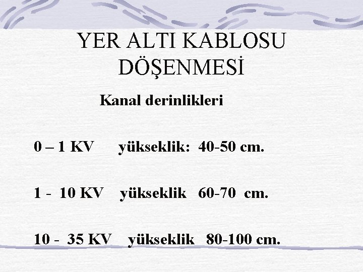 YER ALTI KABLOSU DÖŞENMESİ Kanal derinlikleri 0 – 1 KV yükseklik: 40 -50 cm.