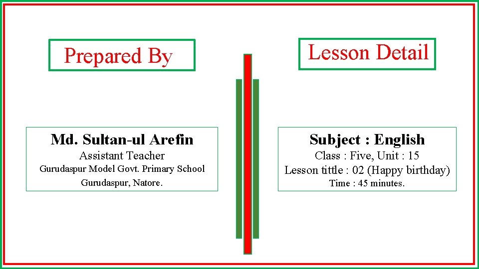 Prepared By Lesson Detail Md. Sultan-ul Arefin Subject : English Assistant Teacher Class :