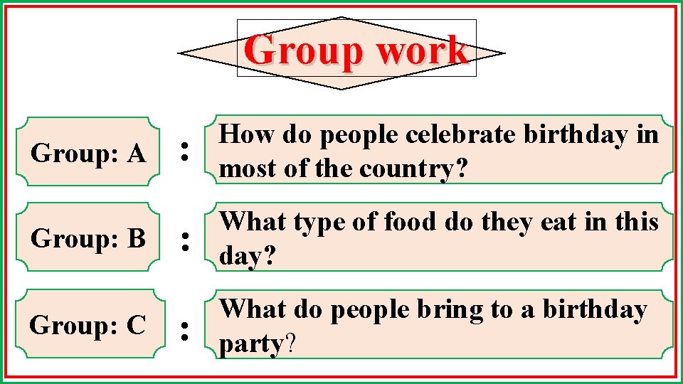 Group work Group: A : How do people celebrate birthday in most of the